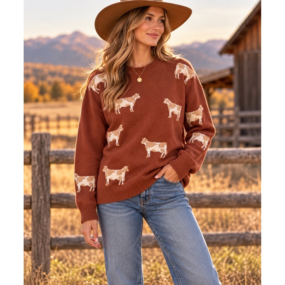 Rustic Boho Cottagecore Cow Sweater Western Ranch Cowgirl Farmcore Brown Sz L